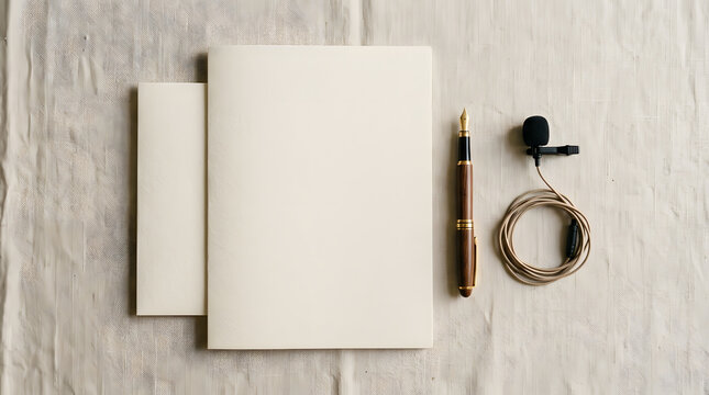 Blank notebook mockup for podcasting and journalism with professional fountain pen and lavalier microphone on linen background