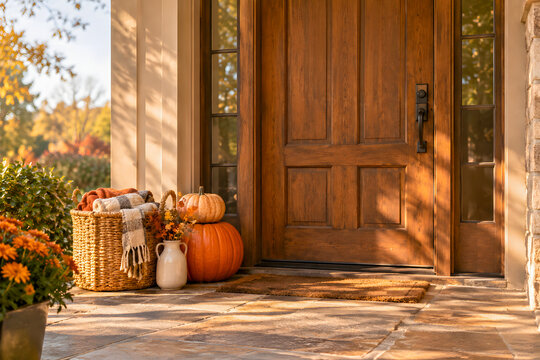 Beautiful autumn front porch decorated with pumpkins and flowers for a warm and welcoming thanksgiving day celebration