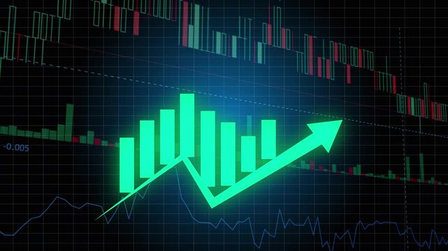 Glowing  green bar chart and upward trendline featuring a sharp upward arrow overlay against a dark grid background with stock market candlestick charts. Animated financial growth, bullish stock marke
