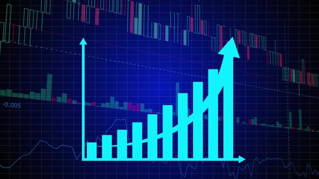 Glowing cyan filled bar chart displaying an upward financial growth trend with a prominent diagonal rising arrow overlay against a dark blue grid background with stock market candlestick charts.