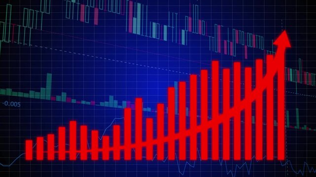 Glowing red filled bar chart displaying an upward financial growth trend with a prominent diagonal rising arrow overlay against a dark blue grid background with stock market candlestick charts.