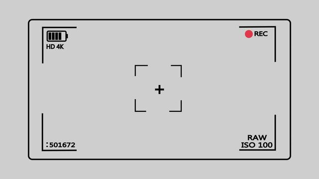 Camera Viewfinder View Recording Screen Overlay with Battery Indicator Focus Crosshair and REC Text Symbolizing Video Production Media Interface Concept on white Screen Chroma Key Background