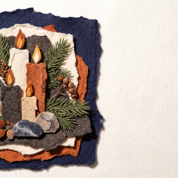 Decorative winter solstice altar with candles and natural elements  
