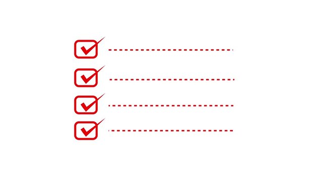 Minimalist red icon of a checklist featuring four rounded checkbox squares with checkmarks alongside dotted text lines against a white background. Animated task completion list, survey questionnaire, 