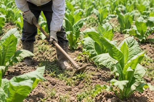 Senior farmer weeding vibrant tobacco plants in lush organic field with traditional hoe, rural agricultural work, close-up detail