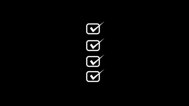 Glowing icon of four vertically stacked rounded square checkboxes, each marked with an active checkmark symbol, against a black background. Animated task completion checklist, system verification .