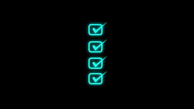 Glowing icon of four vertically stacked rounded square checkboxes, each marked with an active checkmark symbol, against a black background. Animated task completion checklist, system verification .