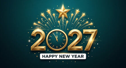 Naklejka premium Golden numerals two zero two seven with a clock and starbursts celebrate the new year digits numbers calendar chronology time hour minute second hands