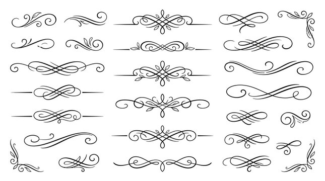 Vintage calligraphic dividers and flourishes, elegant black swirl ornaments, 25 decorative filigree vector elements for wedding invitations