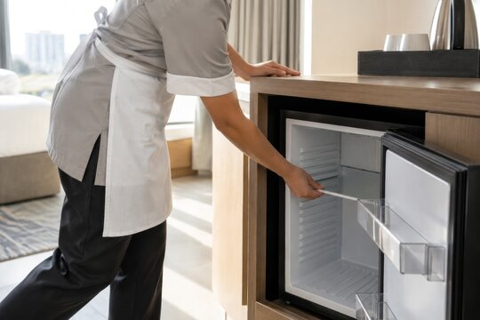 Professional hotel housekeeper restocking mini bar refrigerator with beverages in modern guest room during daytime service