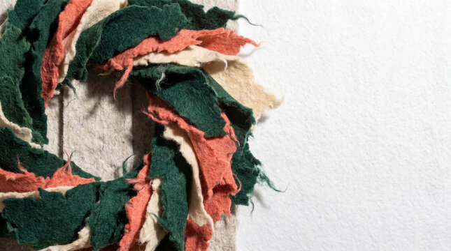Colorful fabric wreath hanging on a wall with neutral background  