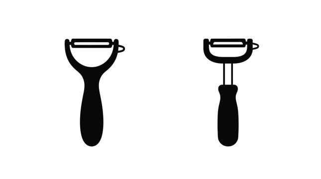 Two vegetable peelers in black silhouette against a white background