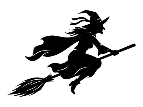 Black silhouette of a witch flying on broom