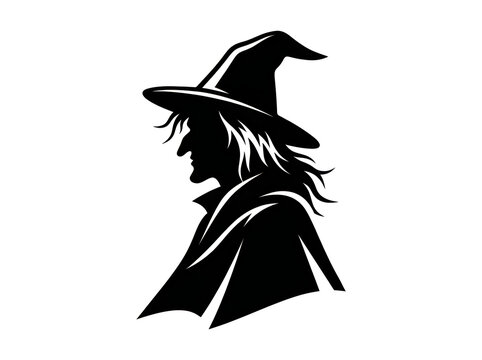 Black silhouette of a witch with a hat
