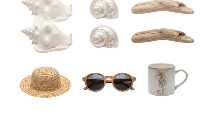 Summer Beach Vacation Accessories and Seashells Flat Lay with Straw Hat, Sunglasses, Driftwood, and Ceramic Mug on Black Background © PNG CREATOR