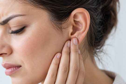 Woman experiencing discomfort while touching her ear and jawline close up shot