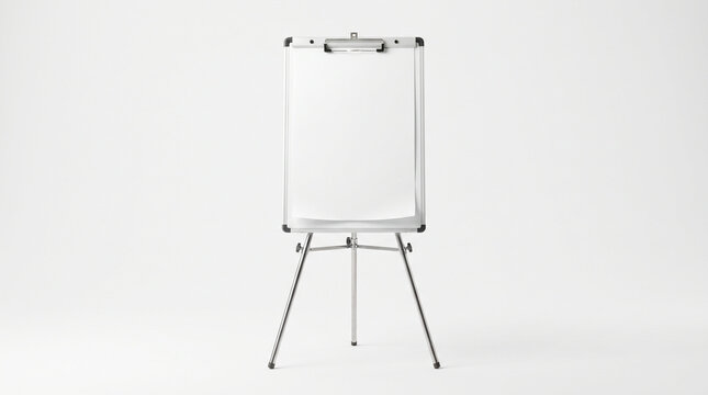 Empty white flip chart on a metal tripod stand isolated against a plain white background