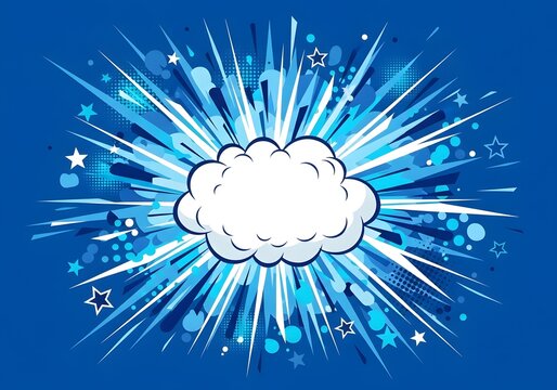 Dynamic comic book style explosion graphic with a white speech bubble cloud on a blue background