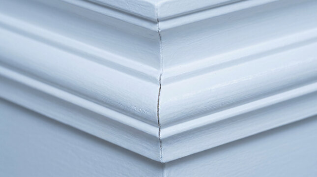 Cracked crown molding corner joint | white baseboard gap repair | poor carpentry miter joint construction defect | home interior renovation maintenance issues