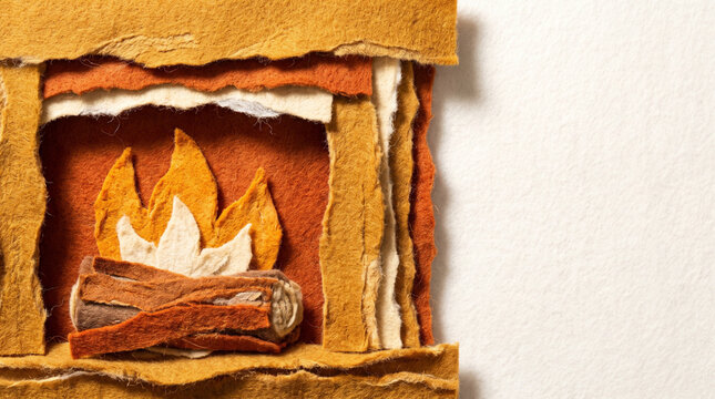 Yule log burning in a cozy fireplace made of felt textures  