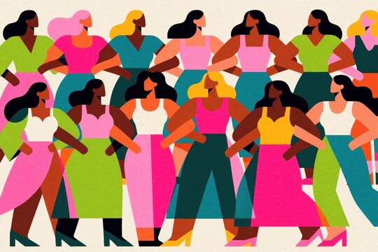 Diverse group of women stand together linking arms. They represent unity, sisterhood, and collective strength. Vibrant colors show solidarity and empowerment.