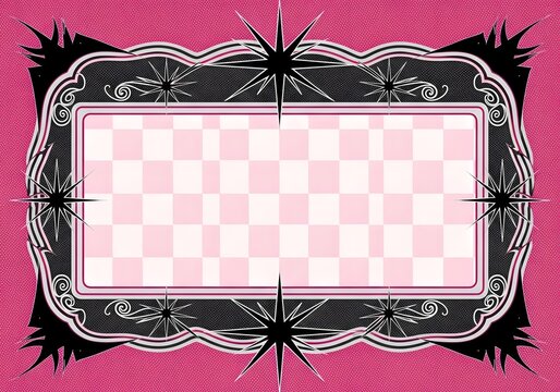 Decorative frame with starburst accents and checkered pattern on a textured pink background