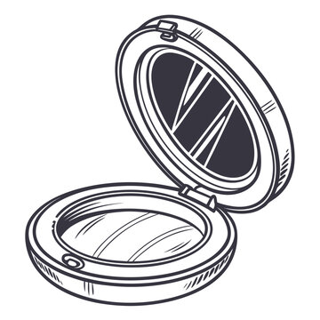 A black and white of an open round cosmetic compact with a mirror inside, isolated on a white background, line style