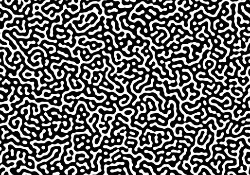 High contrast black and white pattern featuring organic shapes and fluid maze like structures