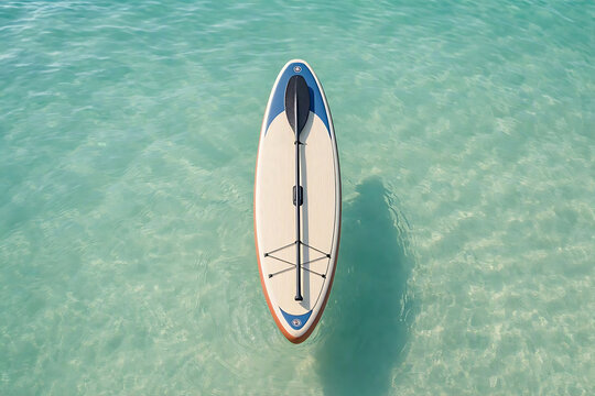 Top view of a single paddleboard floating on calm crystal clear turquoise sea water at tropical ocean beach
