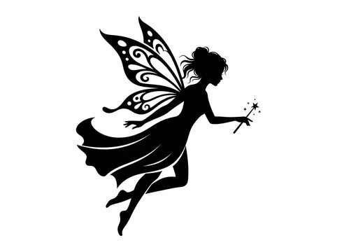 Black silhouette of a flying fairy icon

