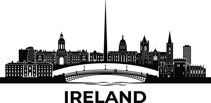 Ireland dublin city skyline featuring spire ha penny bridge custom house and historical architecture for travel banner