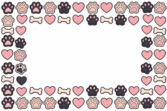 Cute border with paw prints, hearts and bones. Decorative elements form a pattern for pet themed designs. Fun background for cards or invitations with animals.
