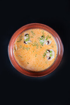 Spicy creamy mushroom soup in dark ceramic bowl. Sliced mushrooms and scallions garnish. Black background highlights color. Gourmet appetizer. Top view