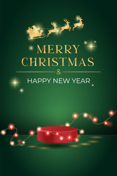 red product advertising podium with glowing fairy garland lights Gold Santa sleigh silhouette flying above Merry Christmas Happy New Year 2027 dark green background modern design card poster banner