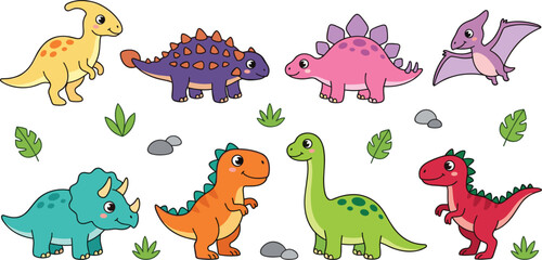 Cute cartoon dinosaurs vector illustration set, colorful prehistoric animal characters isolated on white background © Fahim