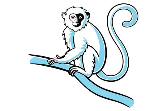 Cartoon monkey sitting on a curved branch with long tail