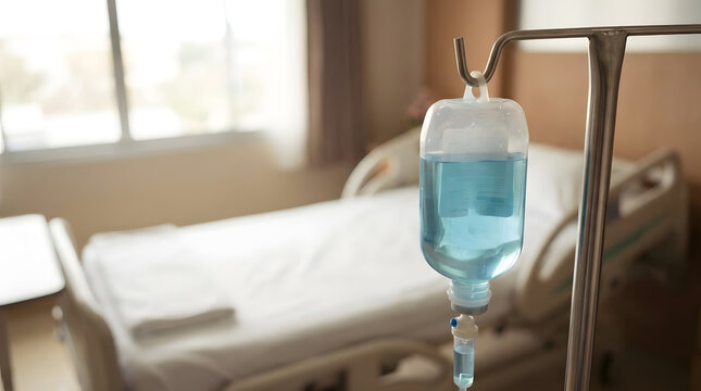 IV Drip Bag Suspended in Hospital Room | Medical Saline Solution Drip Chamber | Patient Hospital Bed and IV Stand