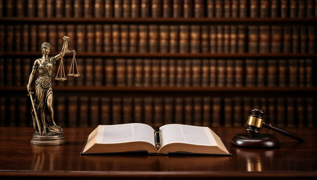 Law scales statue and wooden gavel on a desk in a professional law office