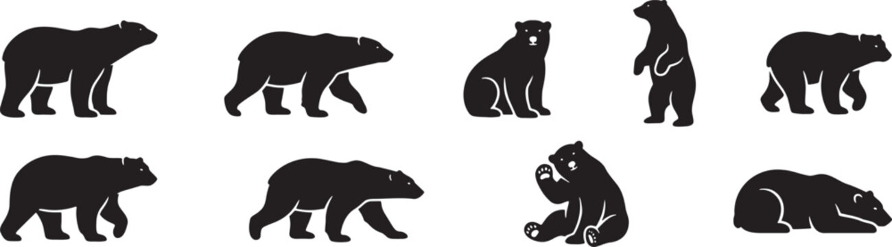 Bear silhouettes in different poses wildlife icons