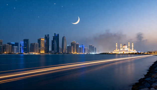 Illuminated Doha city skyline landscape featuring bright crescent moon and majestic mosque during beautiful night time