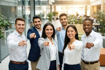 Obraz premium Diverse Professional Business Team Smiling and Pointing Fingers at Camera for Recruitment and Job Search Concept