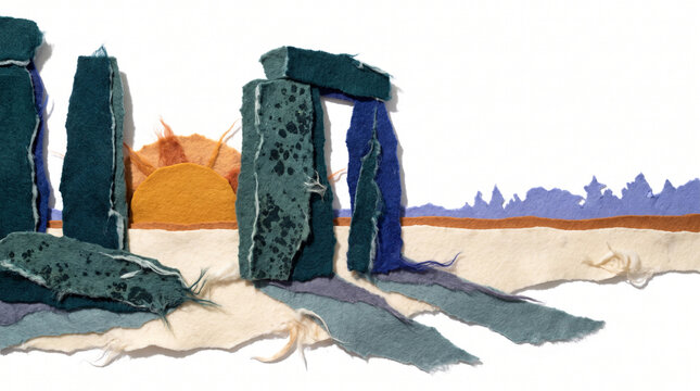 Watercolor illustration of Stonehenge at sunrise with shadows  