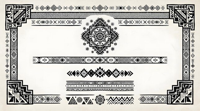 Primitive folk art decorative frame with geometric tribal patterns and central mandala on paper