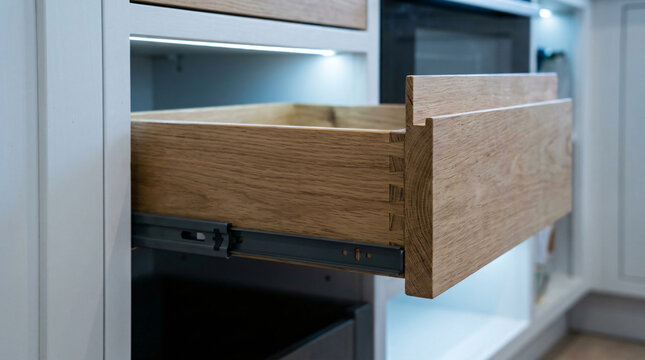 Modern kitchen cabinet with open wooden drawer | Custom oak drawer with dovetail joints | Close up of telescopic drawer slides | Luxury kitchen storage solution with LED lighting