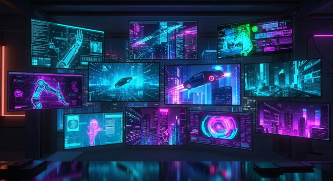 A sophisticated command center showcases glowing computer screens displaying vibrant cybernetic graphics, futuristic maps, and complex data analytics glowing intensely in a dark futuristic room