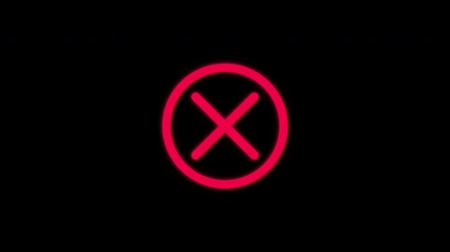 Neon red glowing x mark symbol pulsing animation on black background, for ui alerts, and error notifications