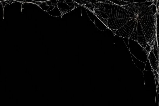 Spooky Halloween Spider Web Corner Decoration on Black Background.