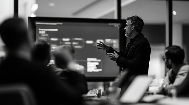 Roadmap chief digital officer presenting three-year digital transformation roadmap to executive committee, large interactive touchscreen showing phased initiative timeline, technology stack 