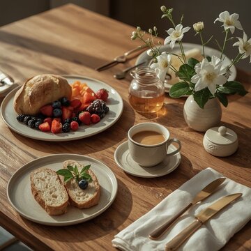 Refined Breakfast with Artisan Bread, Fruit and Steaming Coffee