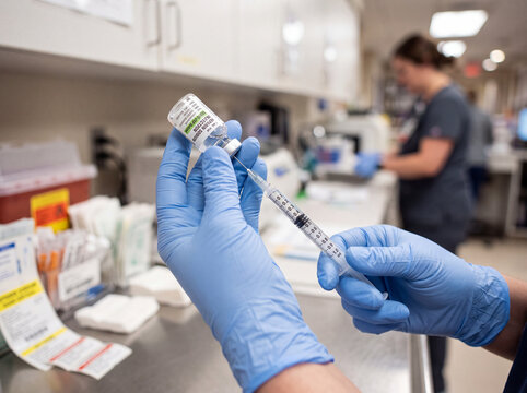 Gloved hands pulling up heparin with a syringe